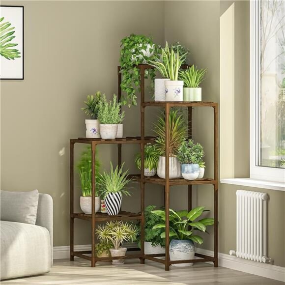 Plant Stand Indoor Plant Shelf Outdoor Corner Wood Plant Table 7 Pots Stands - Picture 1 of 7